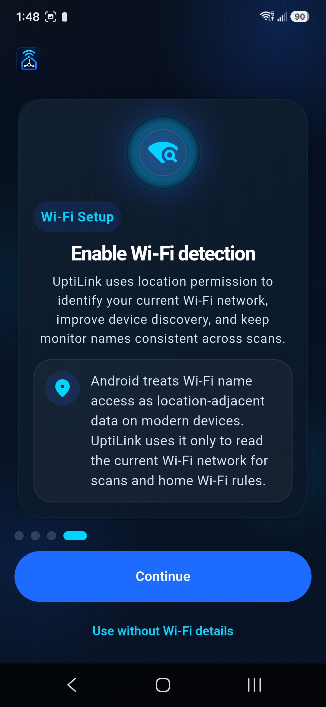 UptiLink setup screen explaining Wi-Fi network detection